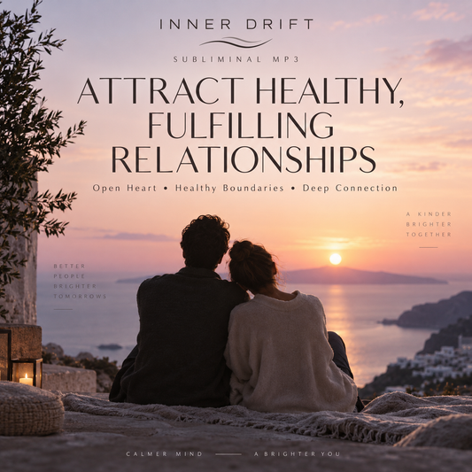 Cover art for 'Inner Drift' Subliminal MP3 featuring a couple sitting together on a blanket at sunset overlooking the sea, with the text 'Attract Healthy, Fulfilling Relationships'.
