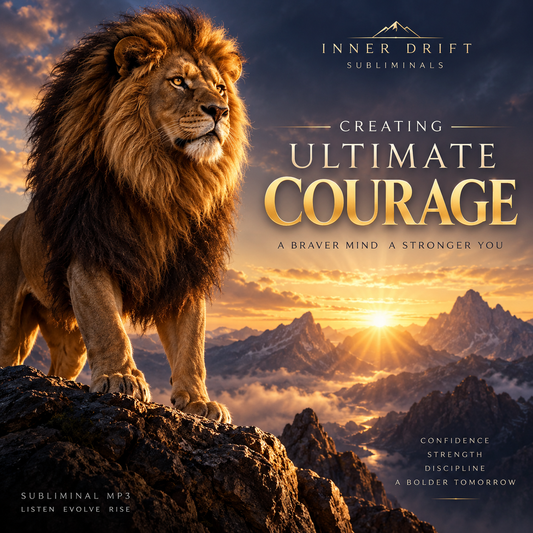 Digital cover art for 'Creating Ultimate Courage' by Inner Drift Subliminals, featuring a majestic golden lion standing on a rocky mountain peak against a dramatic sunset sky.