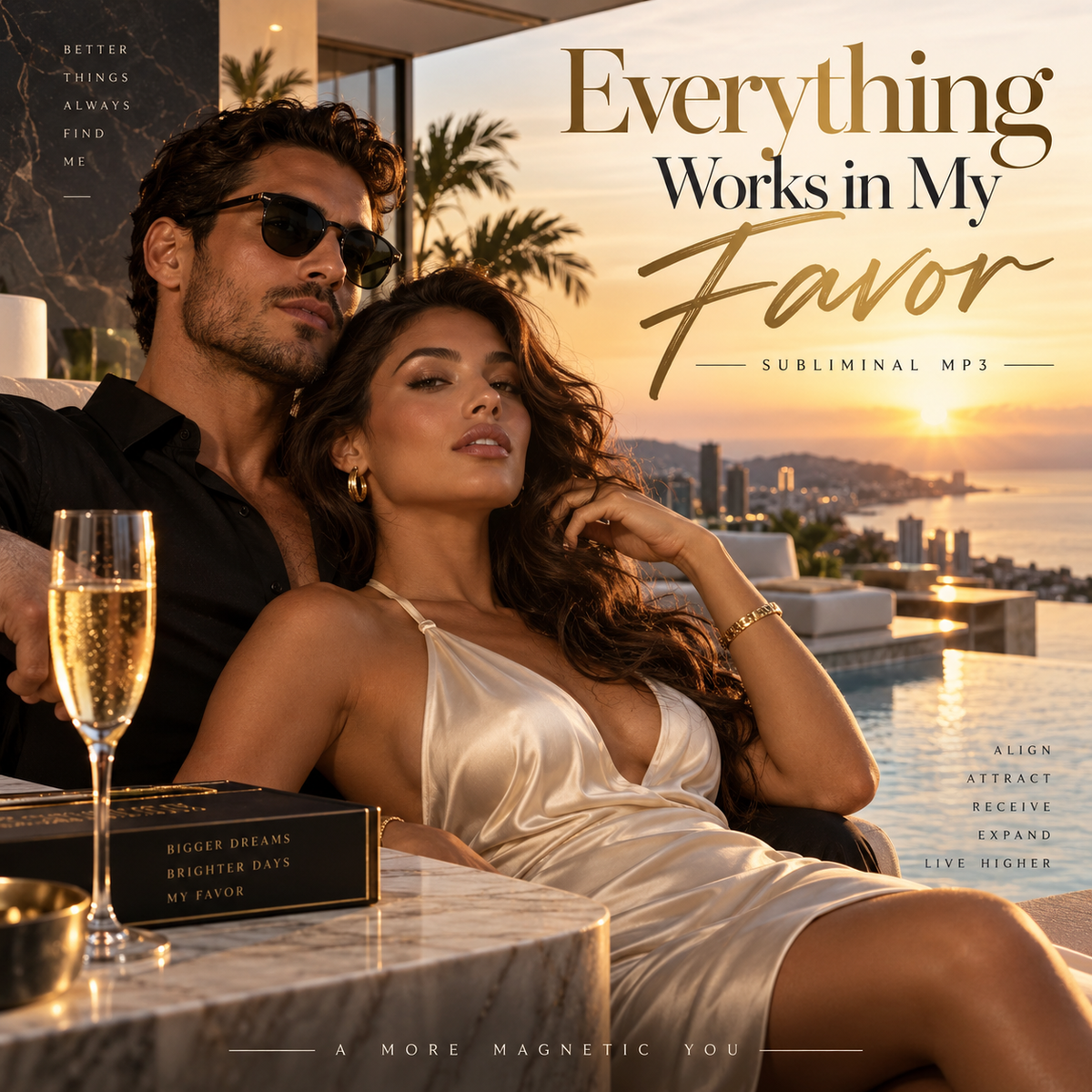Album cover art for 'Everything Works in My Favor' by Better Together, featuring a man and woman in a luxurious setting by a pool at sunset, with champagne glasses and the album title in elegant typography.