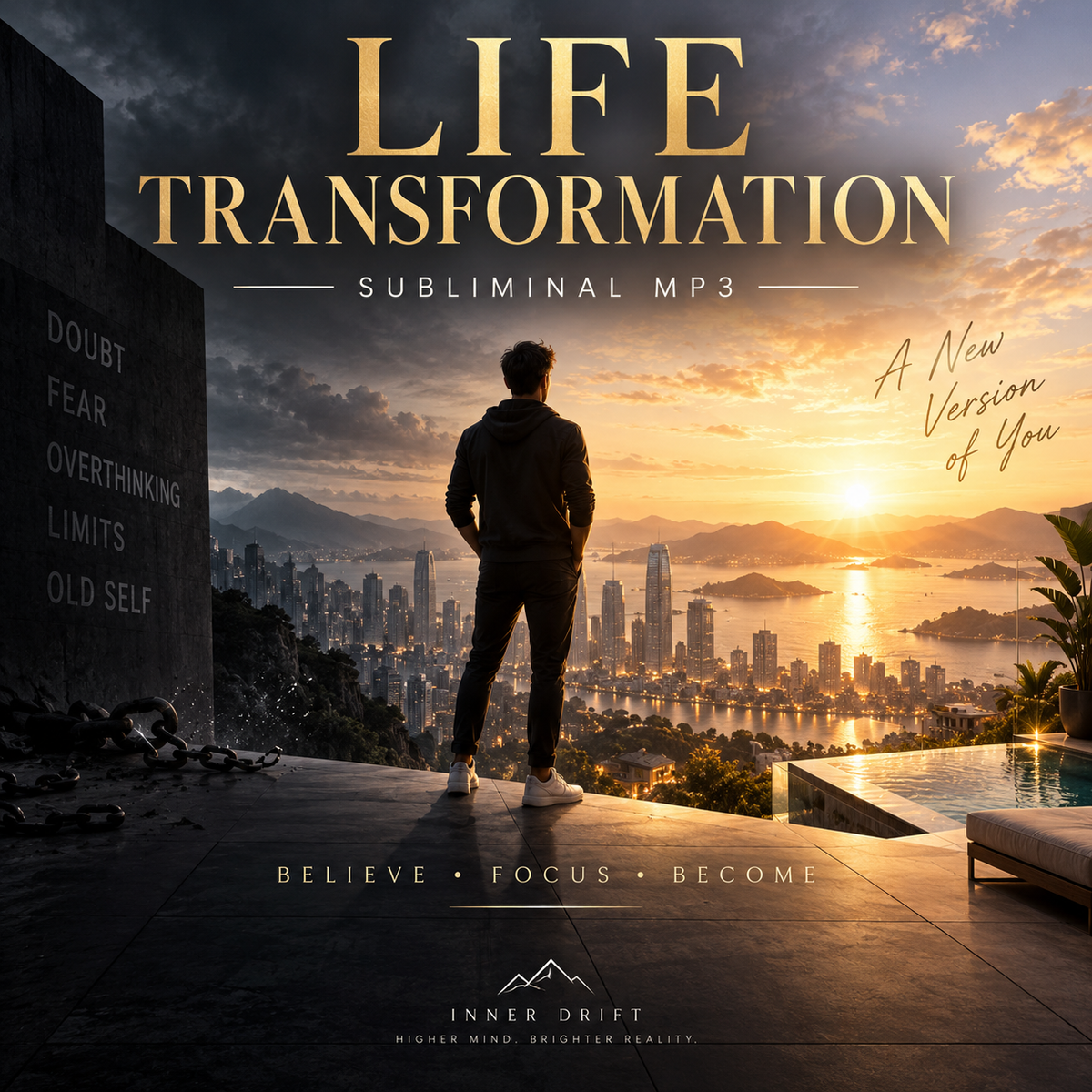 Digital cover art for 'Life Transformation' Subliminal MP3 by Inner Drift, featuring a man standing on a rooftop overlooking a city skyline at sunset, with bold gold text overlays.