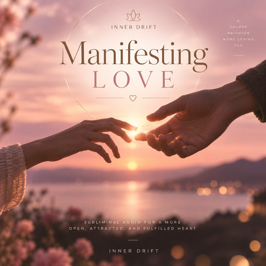 Digital cover art for 'Manifesting Love' by Inner Drift, featuring a warm sunset over water with two hands reaching toward the sun, framed by elegant typography.