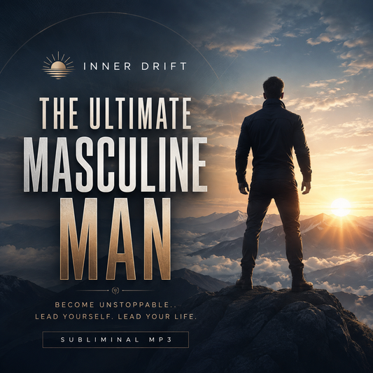 Digital cover art for 'The Ultimate Masculine Man' by Inner Drift, featuring a silhouette of a man standing on a mountain peak at sunset with clouds and mountains in the background. The text is displayed prominently in white and gold.