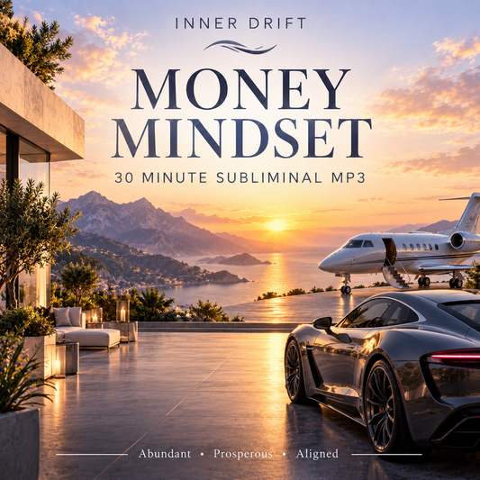 Digital cover art for 'Money Mindset' by Inner Drift, featuring a luxurious modern terrace at sunset with a dark sports car, a private jet, and a scenic coastal mountain landscape. The text reads 'INNER DRIFT', 'MONEY MINDSET', '30 MINUTE SUBLIMINAL MP3', and 'Abundant • Prosperous • Aligned'.