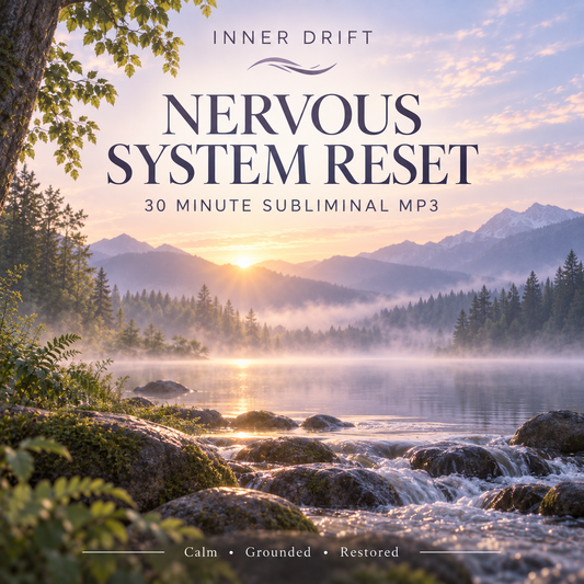 Album-style cover art for 'Inner Drift - Nervous System Reset' showing a misty mountain lake at sunrise with trees, rocks, and flowing water. Large text reads 'NERVOUS SYSTEM RESET' and '30 MINUTE SUBLIMINAL MP3,' with smaller text 'Calm • Grounded • Restored' at the bottom.